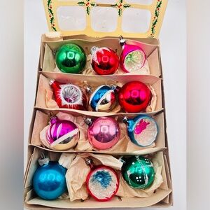 Vintage 12 Glass Christmas Ornaments 2 Inch Germany Larger Bulb Set